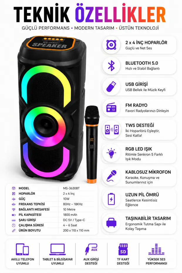 Kablosuz Mikrofonlu Bluetooth Hoparlör Karaoke RGB Işıklı TWS Destekli Taşınabilir Parti Hoparlörü USB FM Radyo 